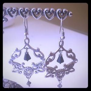 Silver earrings with Jet and Crystal dangles
